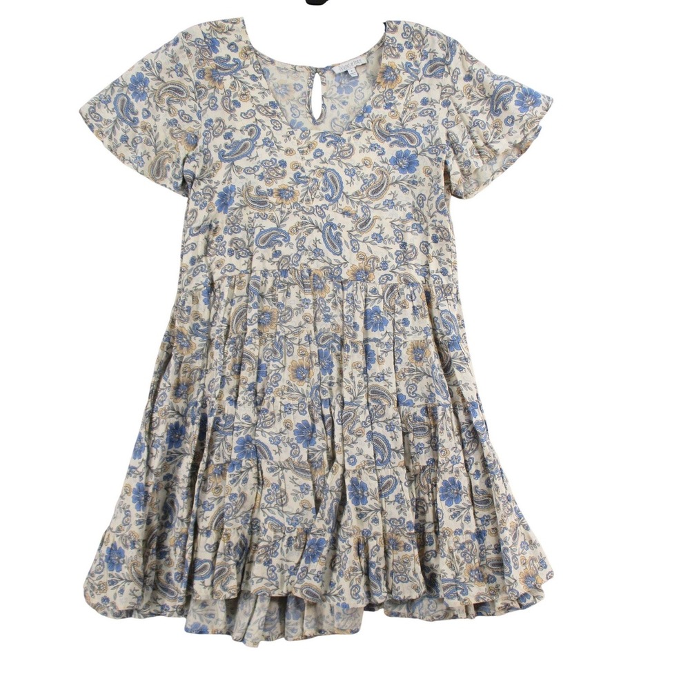 Patrons of Peace Blue Paisley Tiered Mini Dress V-Neck Short Sleeve Medium